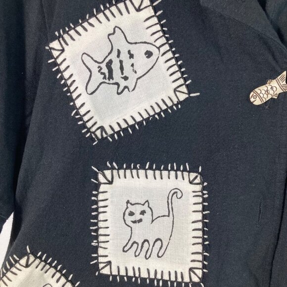 Womens Country Wear Button Front Patch Top Cats Fish Tree M NWT Cotton Linen Ble - Picture 6 of 13